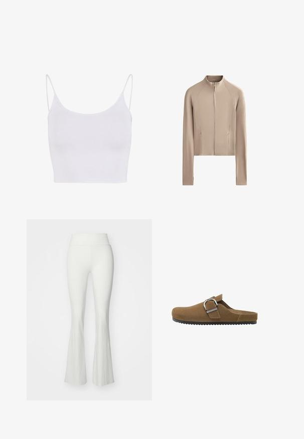 Beschnitten beige jakke med lange ærmer, ribbet tekstur langs skuldrene og en frontlynlås. Har sidelommer for funktionalitet.; Hvid top med spaghettistropper, tætsiddende design og en glat, strækbar tekstur uden mønstre eller pynt.; Hvide vide bukser med høj talje, lavet af et glat, strækbart materiale. Har en tætsiddende silhuet, der flares ud ved underbenet.; Brune ruskindsklap med en bred rem og sølvfarvet metalspænde, med en tekstureret sål og et åbent bagside-design.