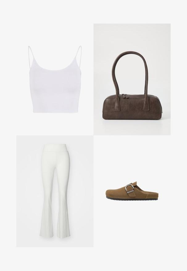 Giacca beige cropped con maniche lunghe, texture a coste lungo le spalle e zip frontale. Presenta tasche laterali per la funzionalità.; Top in camisola bianco con spalline sottili e regolabili, design aderente e una consistenza liscia e elastica, privo di motivi o decorazioni.; Pantaloni bianchi svasati con vita alta, realizzati in un materiale liscio e elastico. Presentano una silhouette aderente che si allarga nella parte inferiore della gamba.; Zoccolo in suede marrone con una fascia larga e una fibbia in metallo argentato, dotato di una suola testurizzata e un design aperto sul retro.; Borsa a mano in pelle marrone con due manici robusti, forma rettangolare, texture liscia e chiusura con zip. Design minimalista senza motivi visibili.
