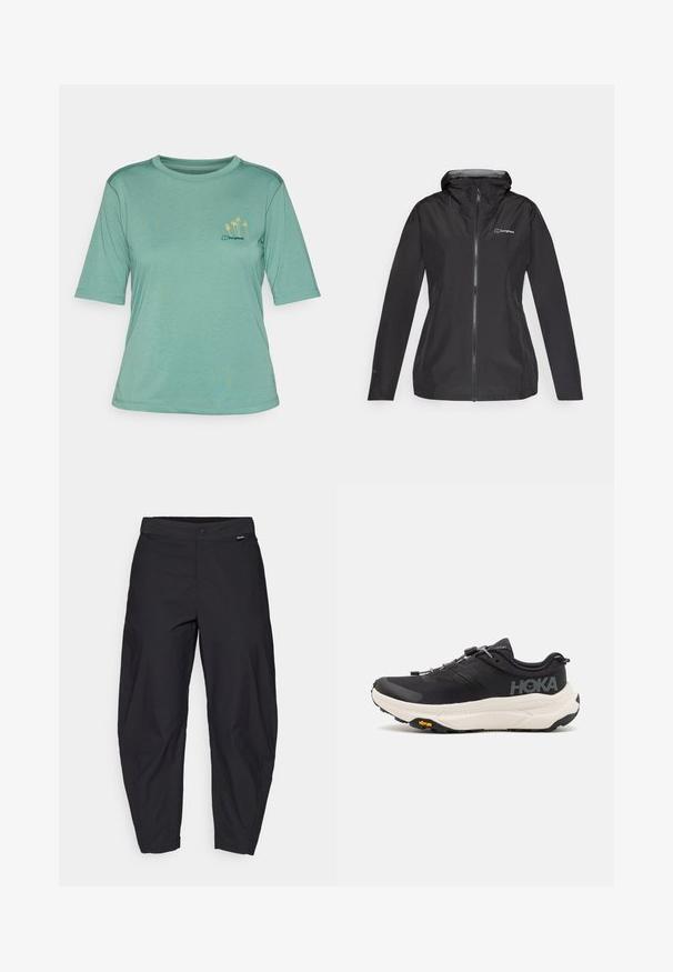 Melnā ūdensnecaurlaidīgā jaka ar kapuci, pilnīgu rāvējslēdzēju un pelēku iekšējo oderi. Iekļauta logo uz krūšu daļas un elastīgas aproces.; Zaļa īsām piedurknēm t-kreklu, izgatavots no mīkstas auduma. Iezīmēts ar apaļu kaklu un mazu dzeltenu palmu kokus izšuvumu kreisajā krūtī.; Melni, brīvi pieguļoši bikses ar pogu aizdari un sānu kabatām, izliktas uz balta fona.; Melni sporta apavi ar elpojošu režģi augšdaļā, gumijas zoli, baltu amortizējošu starpzoli un atstarotājām šņorēm. Vibram logo uz zoles.