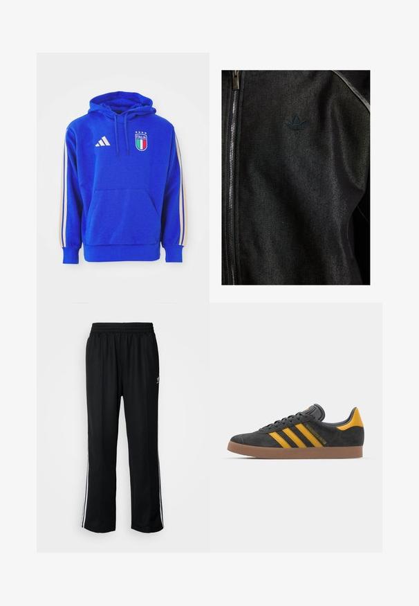 Čierna zipsová bunda vyrobená z texturovanej látky. Má decentné, tmavé logo a kontrastné stehy pozdĺž švov.; Modrá mikina s kapucňou so svetlohnedými pruhmi na rukávoch, prednou vreckom a vyšitým logom Talianska so hviezdami. Vyrobená z mäkkej látky.; Čierne športové nohavice s elastickým pásom, s bielymi bočnými prúžkami a malým logom. Materiál vyzerá byť mäkký a ľahký.; Čierne semišové tenisky so žltými akcentmi, ktoré majú tri pruhy a hnedú gumovú podrážku. Obsahujú vypolstrovaný jazyk pre pohodlie.