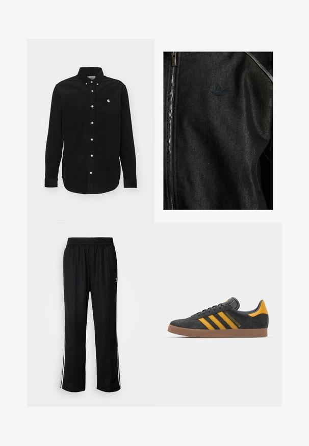 Chaqueta negra con cremallera, hecha de una tela texturizada. Presenta un logotipo oscuro y sutil, así como costuras de contraste a lo largo de las costuras.; Camisa de pana negra con cuello abotonado. Presenta botones blancos y un pequeño logo en el pecho. Manga larga con puños abotonados.; Pantalones deportivos negros con cintura elástica, que presentan rayas laterales blancas y un pequeño logotipo. El material parece suave y ligero.; Zapatillas de ante negro con acentos amarillos, que presentan tres franjas y una suela de goma marrón. Incluyen una lengüeta acolchada para mayor comodidad.