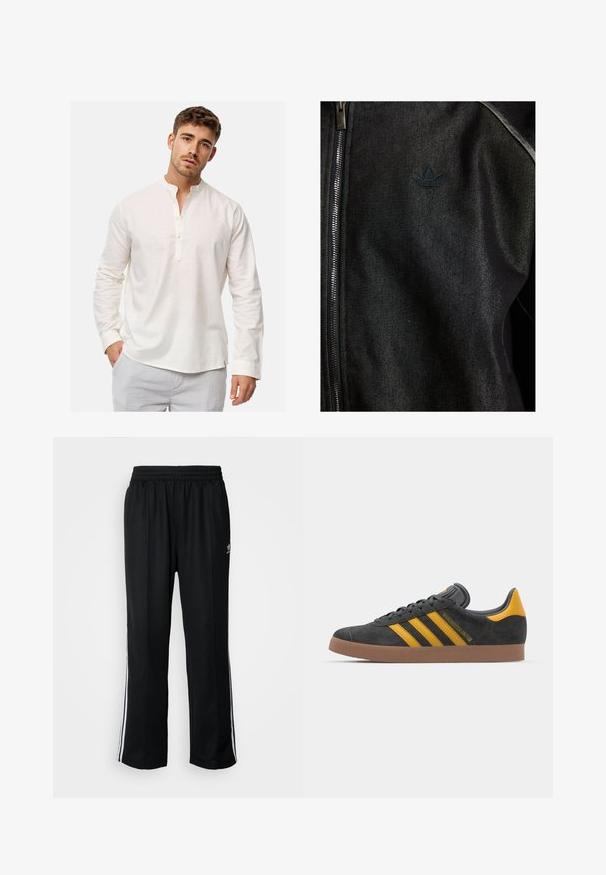 Black zip-up jacket made of textured fabric. Features a subtle, dark logo and contrast stitching along the seams.; Long-sleeve, white linen shirt with a band collar and button placket. Soft texture with a relaxed fit and rounded hem detailing.; Black athletic pants with an elastic waistband, featuring white side stripes and a small logo. Material appears soft and lightweight.; Black suede sneaker with yellow accents, featuring three stripes and a brown rubber sole. Includes a padded tongue for comfort.