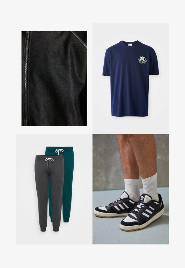 Sort zip-jakke lavet af struktureret stof. Har et diskret, mørkt logo og kontrastsøm langs sømmene.; Mørkeblå bomulds t-shirt med korte ærmer, rund halsudskæring og broderet logo med laurbær detaljer på venstre bryst.; To sæt joggebukser i mørkegrå og teal, lavet af blødt stof, med elastiske manchetter og snoreliv med hvide snore.; Sorte og hvide sneakers med en overdel i ruskind og læder, der har tre hvide striber, en perforeret tå og en sål i gummigummi.