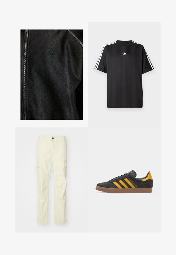 Svart zip-up jakke laget av teksturert stoff. Har en subtil, mørk logo og kontrastsøm langs sømmene.; Svart t-skjorte med kort erm og hvite tre-stripes detaljer på skuldrene og en liten hvit logo på brystet. Mjuk stofftekstur.; Beige cargo-bukser laget av lett materiale, med sidelommer, knappelukking og rette ben. Jevn tekstur med skreddersydde sømmer.; Sort skinnesko i svart semsket skinn med gule detaljer, med tre striper og en brun gummisåle. Inkluderer en polstret tunge for komfort.