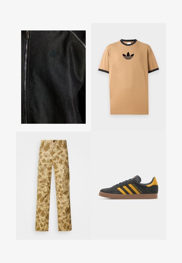 Casaco preto com fecho éclair, feito de um tecido texturizado. Apresenta um logo escuro discreto e costuras em contraste ao longo das costuras.; T-shirt de algodão bege com um decote redondo e punhos canelados em preto. Apresenta um logótipo da Adidas em preto com três riscas abaixo do logótipo no peito.; Calças cargo beje com um padrão de camuflagem castanho claro, apresentando dois bolsos laterais e um design de perna reta. Tecido texturizado com riscas subtis.; Tenis em camurça preta com detalhes amarelos, apresentando três riscas e uma sola de borracha castanha. Inclui uma língua acolchoada para maior conforto.