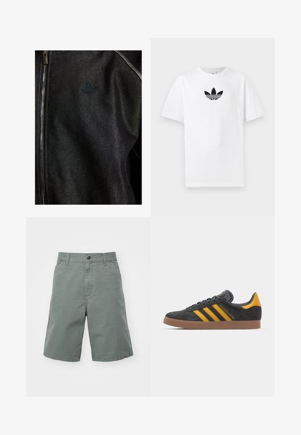 Černá bunda na zip vyrobená z texturované tkaniny. Obsahuje jemné, tmavé logo a kontrastní prošívání podél švů.; Bílá bavlněná tričko s černým logem Adidas uprostřed. Krátký rukáv a design s kulatým výstřihem. Hladká textura.; Světle zelené bavlněné kraťasy s knoflíkovým zavíráním, poutky na opasek a bočními kapsami. Disponují rovnými nohavicemi a lehkým materiálem.; Černé semišové tenisky se žlutými akcenty, vybavené třemi pruhy a hnědou gumovou podrážkou. Obsahují polstrovaný jazyk pro pohodlí.