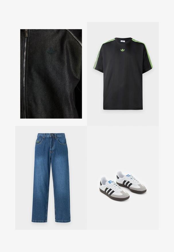 Črna zapinjalna jakna iz teksturirane tkanine. Ima diskreten temen logo in kontrastne šive ob šivih.; Črna majica iz gladkega materiala s krožnim izrezom, na ramenih pa ima tri zelene črte in majhen zelen logotip na prsih.; Denim kavbojke v srednji modri pranju, z ravnim krojem, petimi žepi in rumenimi šivi.; Športni čevlji z belim usnjenim zgornjim delom, sivim semišem na prstih in tremi črnimi črtami. Imajo modro logo na jeziku in teksturiran gumijast podplat.