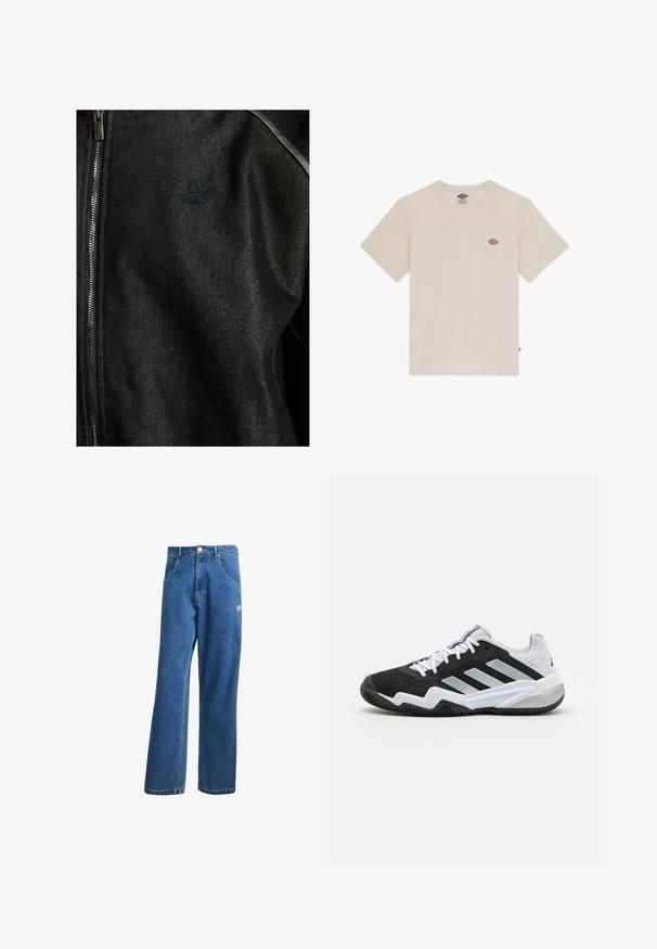 Jachetă neagră cu fermoar, realizată dintr-un material texturat. Prezintă un logo întunecat subtil și cusături în contrast pe margini.; Tricou din bumbac de culoare crem, cu mâneci scurte, decolteu rotund și un mic logo brodat multicolor pe piept.; Jeans din denim cu talie înaltă, cu picioare largi, de culoare albastră, cu buzunare frontale, bucle pentru centură, închidere cu nasture și un mic logo Adidas pe coapsa dreaptă.; Adidași alb-negru cu un superior din plasă texturată, talpă din cauciuc și trei dungi argintii pe lateral.