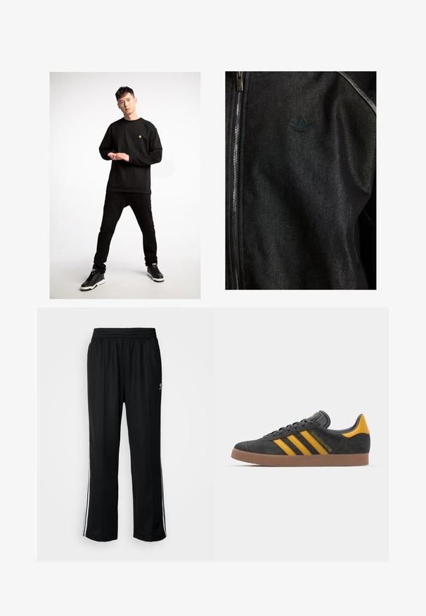 Črna zapinjalna jakna iz teksturirane tkanine. Ima diskreten temen logo in kontrastne šive ob šivih.; Črna majica z dolgimi rokavi z majhnim rumenim logotipom, v kombinaciji s črnimi kavbojkami in črnimi supergami, ki imajo bele podplate.; Črne atletske hlače z elastičnim pasom, ki imajo bele stranske črte in majhen logo. Material izgleda mehak in lahek.; Črne semiš tene z rumenimi akcenti, ki vsebujejo tri trakove in rjavo gumo podplat. Vključujejo oblazinjeno jezik za udobje.