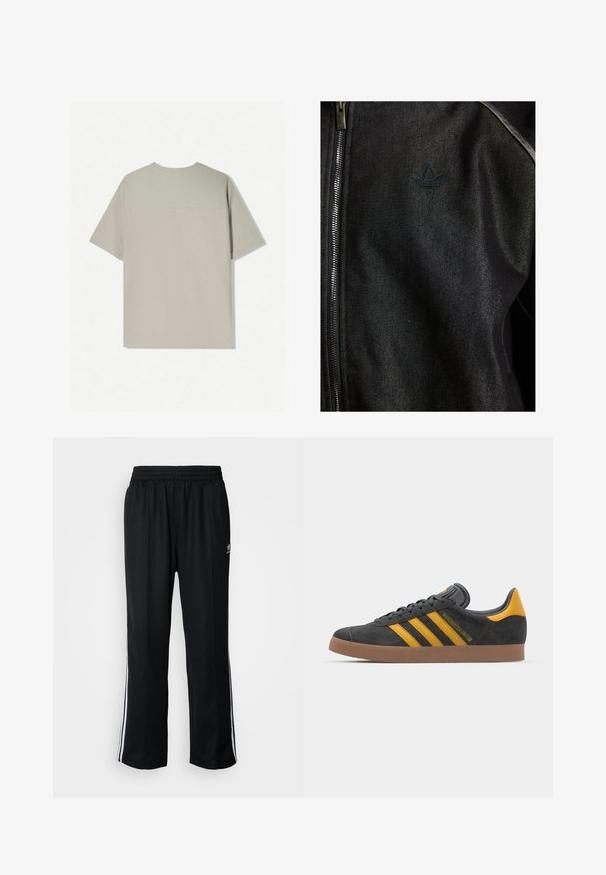 Musta vetoketjullinen takki, joka on tehty teksturoidusta kankaasta. Ominaisuuksiin kuuluu hillitty, tumma logo ja kontrastiväriset tikkausompeleet saumoissa.; Beige puuvillane t-särk lühikeste varrukatega. Omab lihtsat disaini ja ümmargust kaelust. Sile tekstuur, tagaküljel minimaalne õmblus.; Mustat urheiluhousut, joissa on joustava vyötärö, valkoiset sivuraidat ja pieni logo. Materiaali näyttää pehmeältä ja kevyeltä.; Mustat samettiset tennarit, joissa on keltaisia yksityiskohtia, kolmonen raita ja ruskea kumipohja. Sisältää pehmustetun kielisen mukavuutta varten.