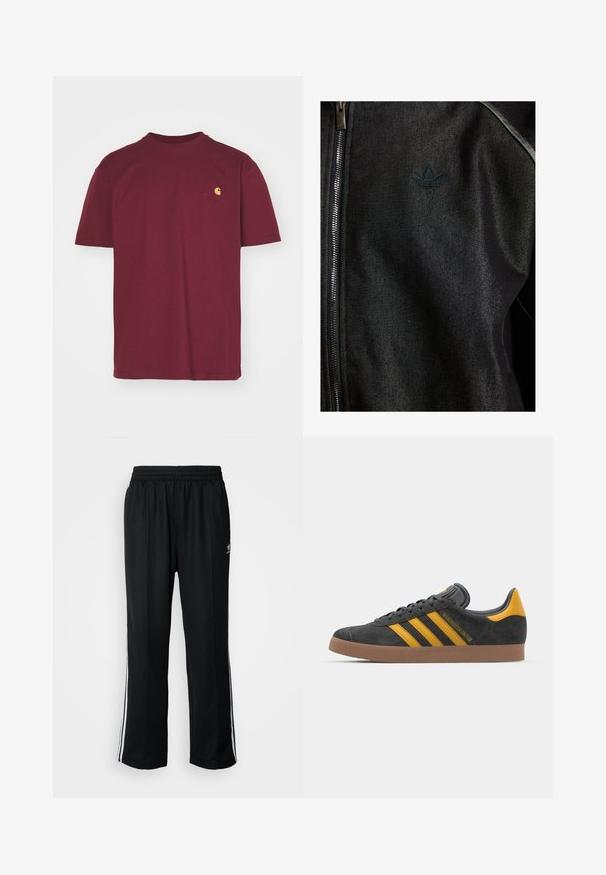 Crna jakna na zatvaranje sa zipom, izrađena od teksturirane tkanine. Ima suptilan tamni logo i kontrastne šavove duž spojnih mjesta.; Carhartt WIP AMERICAN SCRIPT - Osnovna majica kratkih rukava - malbec; Crne sportske hlače s elastičnom trakom oko struka, s bijelim bočnim prugama i malim logotipom. Materijal izgleda mekan i lagan.; Crne nubuk tenisice s žutim detaljima, sa tri pruge i smešnim gumenim potplatom. Imaju jastučić na jeziku za udobnost.