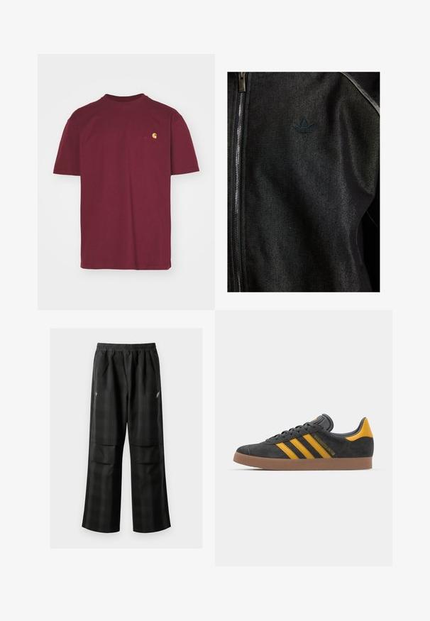 Crna jakna na zatvaranje sa zipom, izrađena od teksturirane tkanine. Ima suptilan tamni logo i kontrastne šavove duž spojnih mjesta.; Carhartt WIP AMERICAN SCRIPT - Osnovna majica kratkih rukava - malbec; Crne karirane hlače s elastičnom urezom, dva prednja džepa i ležernim krojem s ravnim nogavicama. Izrađene su od laganog materijala.; Crne nubuk tenisice s žutim detaljima, sa tri pruge i smešnim gumenim potplatom. Imaju jastučić na jeziku za udobnost.