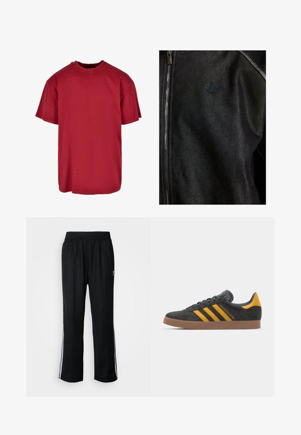 Sort zip-jakke lavet af struktureret stof. Har et diskret, mørkt logo og kontrastsøm langs sømmene.; Rød bomulds T-shirt med afslappet pasform, korte ærmer, rund halsudskæring og slidte detaljer nær skuldrene. Ingen synlige logoer.; Sorte træningsbukser med elastisk talje, der har hvide sidestænger og et lille logo. Materialet ser blødt og let ud.; Sort suedet sneaker med gule accenter, der har tre striber og en brun gummisål. Inkluderer en polstret tunge for komfort.