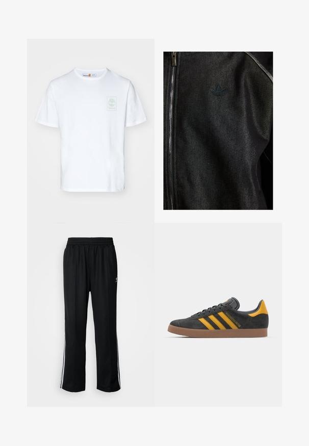 Črna zapinjalna jakna iz teksturirane tkanine. Ima diskreten temen logo in kontrastne šive ob šivih.; Bela bombažna majica s kratkimi rokavi, ki ima na levem predelu prsi svetlo zeleno logo. Klasična zasnova z okroglo ovratnikom.; Črne atletske hlače z elastičnim pasom, ki imajo bele stranske črte in majhen logo. Material izgleda mehak in lahek.; Črne semiš tene z rumenimi akcenti, ki vsebujejo tri trakove in rjavo gumo podplat. Vključujejo oblazinjeno jezik za udobje.