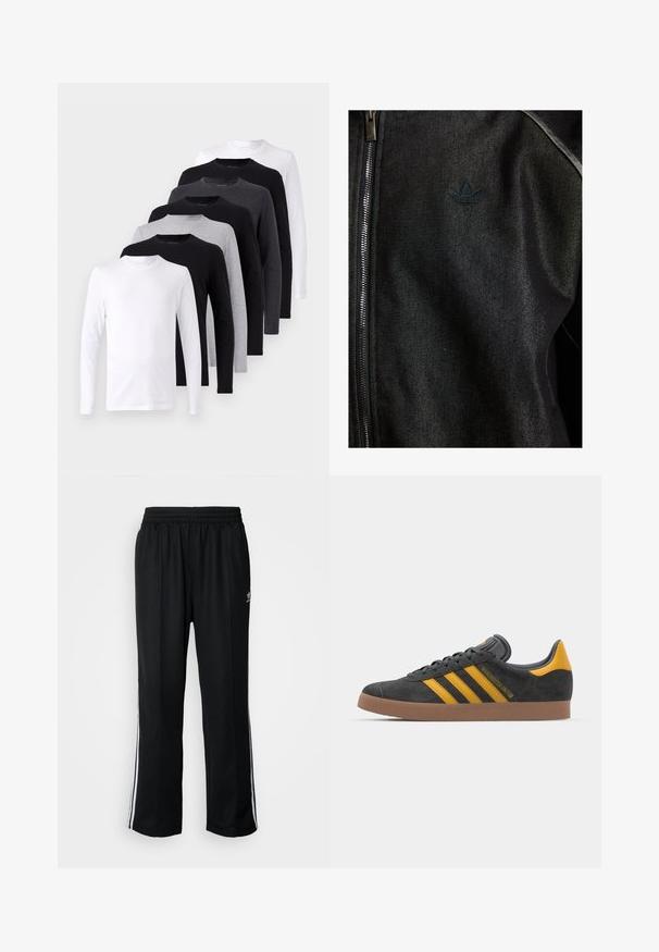 Crna jakna na zatvaranje sa zipom, izrađena od teksturirane tkanine. Ima suptilan tamni logo i kontrastne šavove duž spojnih mjesta.; Set majica s dugim rukavima u crnoj, bijeloj i sivoj boji. Pamuk, dizajn s kružnim izrezom, glatka tekstura bez uzoraka ili akcenta.; Crne sportske hlače s elastičnom trakom oko struka, s bijelim bočnim prugama i malim logotipom. Materijal izgleda mekan i lagan.; Crne nubuk tenisice s žutim detaljima, sa tri pruge i smešnim gumenim potplatom. Imaju jastučić na jeziku za udobnost.