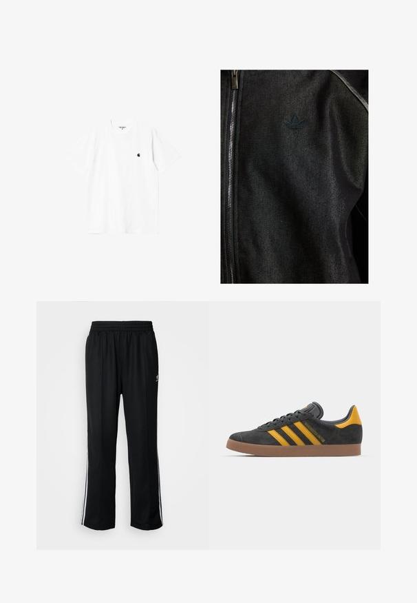 Black zip-up jacket made of textured fabric. Features a subtle, dark logo and contrast stitching along the seams.; White cotton t-shirt with short sleeves, round neck, and a small black logo on the left chest. Soft texture and standard fit.; Black athletic pants with an elastic waistband, featuring white side stripes and a small logo. Material appears soft and lightweight.; Black suede sneaker with yellow accents, featuring three stripes and a brown rubber sole. Includes a padded tongue for comfort.