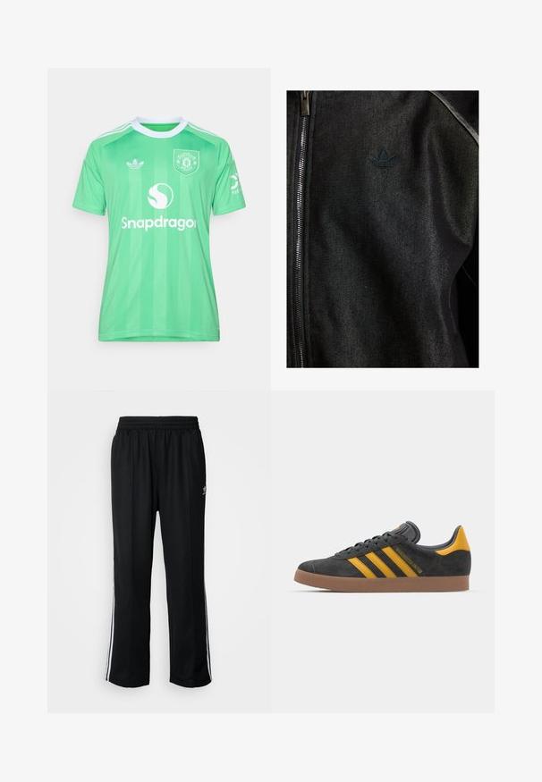 Fekete cipzáras dzseki textúrált anyagból készült. Diszkrét, sötét logóval és kontrasztos varrásokkal rendelkezik az illesztések mentén.; adidas Performance MANCHESTER UNITED 25/26 THIRD GOALKEEPER JERSEY - Klubruházat - semi screaming green; Fekete sportnadrág rugalmas derékrésszel, fehér oldalsávokkal és egy kis logóval. Az anyaga lágy és könnyűnek tűnik.; Fekete velúrbőr sportcipő sárga díszítéssel, három csíkkal és barna gumitalppal. Párnázott nyelvével a kényelem érdekében.