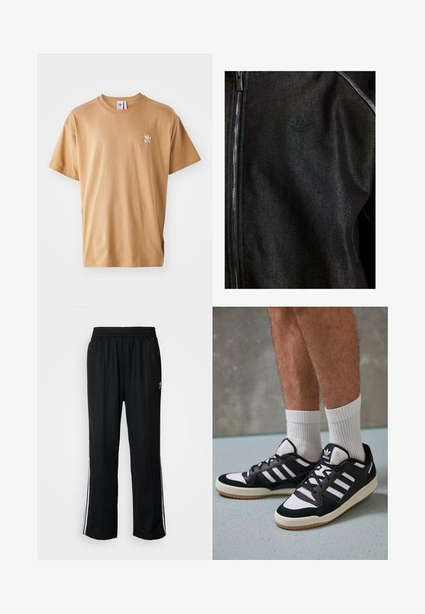 Črna zapinjalna jakna iz teksturirane tkanine. Ima diskreten temen logo in kontrastne šive ob šivih.; Rjava bombažna majica s kratkimi rokavi in okroglim izrezom. Vsebuje majhen bel Adidas logotip na levem prsnem delu. Mehka tekstura, sproščen kroj.; Črne atletske hlače z elastičnim pasom, ki imajo bele stranske črte in majhen logo. Material izgleda mehak in lahek.; Črno-bele superge z zgornjim delom iz usnja in nubuka, ki imajo tri bele črte, perforiran vrh prstov in podplat iz gume.