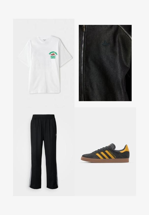 Sort zip-jakke lavet af struktureret stof. Har et diskret, mørkt logo og kontrastsøm langs sømmene.; Hvid bomulds t-shirt med en grøn og rød grafisk tekst på venstre bryst, der står "cashart Who Pronto Subito." Korte ærmer.; Sorte træningsbukser med elastisk talje, der har hvide sidestænger og et lille logo. Materialet ser blødt og let ud.; Sort suedet sneaker med gule accenter, der har tre striber og en brun gummisål. Inkluderer en polstret tunge for komfort.