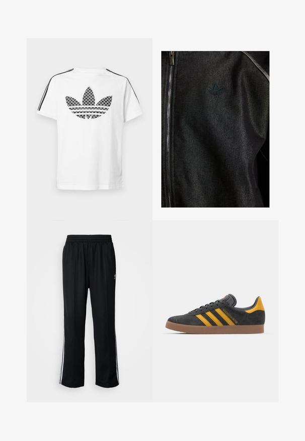 Črna zapinjalna jakna iz teksturirane tkanine. Ima diskreten temen logo in kontrastne šive ob šivih.; Bela bombažna majica s črnim logotipom trikotne deteljice na sprednji strani, z črnimi črtami vzdolž ramen kot poudarek.; Črne atletske hlače z elastičnim pasom, ki imajo bele stranske črte in majhen logo. Material izgleda mehak in lahek.; Črne semiš tene z rumenimi akcenti, ki vsebujejo tri trakove in rjavo gumo podplat. Vključujejo oblazinjeno jezik za udobje.