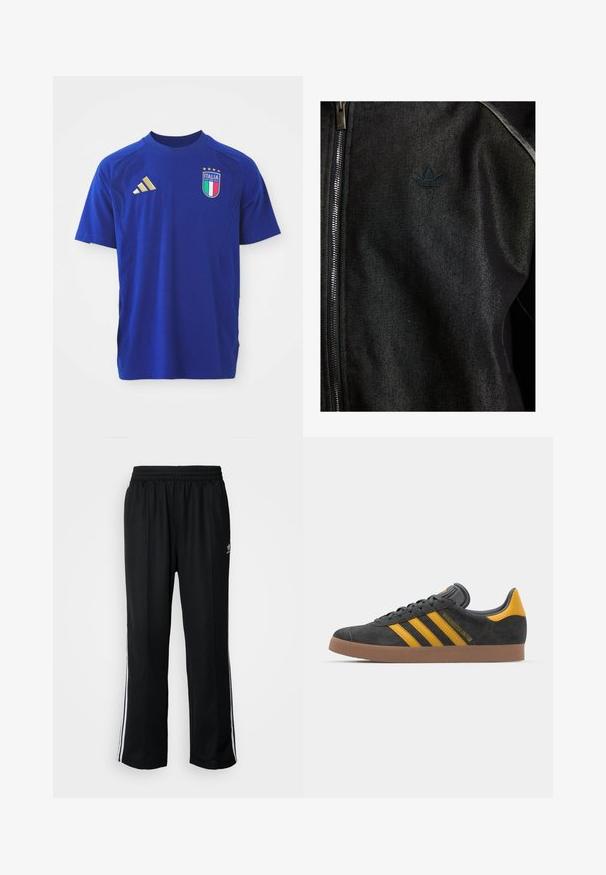 Fekete cipzáras dzseki textúrált anyagból készült. Diszkrét, sötét logóval és kontrasztos varrásokkal rendelkezik az illesztések mentén.; Kék, rövid ujjú sportpóló, puha anyagból készült. Arany Adidas logó található a jobb vállán, valamint Italia embléma a mellkasán.; Fekete sportnadrág rugalmas derékrésszel, fehér oldalsávokkal és egy kis logóval. Az anyaga lágy és könnyűnek tűnik.; Fekete velúrbőr sportcipő sárga díszítéssel, három csíkkal és barna gumitalppal. Párnázott nyelvével a kényelem érdekében.