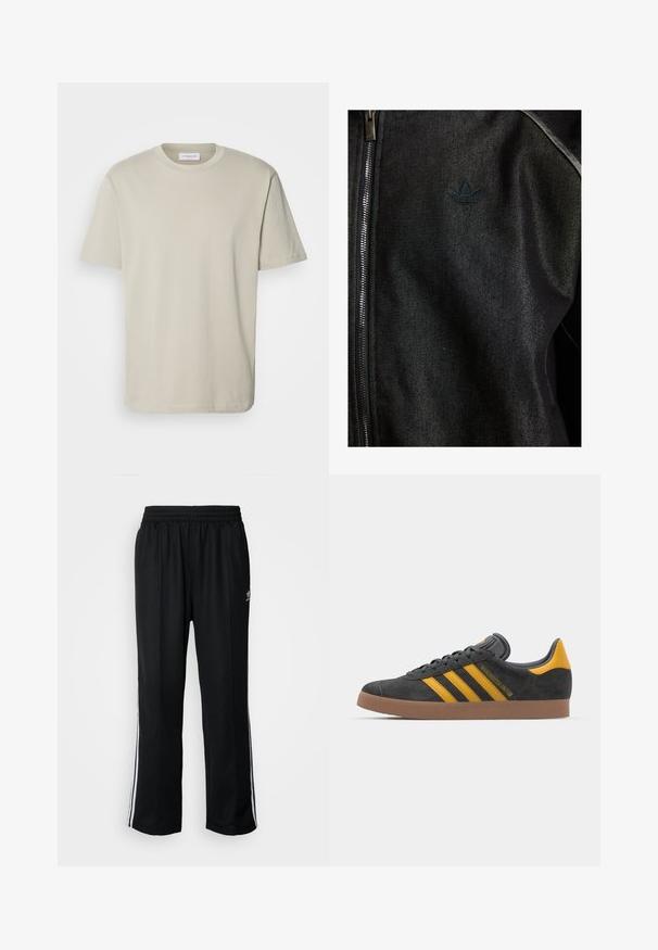 Černá bunda na zip vyrobená z texturované tkaniny. Obsahuje jemné, tmavé logo a kontrastní prošívání podél švů.; Lindbergh O-NECK TEE S/S - Jednoduché tričko - light khaki; Černé sportovní kalhoty s elastickým pasem, s bílými bočními pruhy a malým logem. Materiál vypadá měkce a lehce.; Černé semišové tenisky se žlutými akcenty, vybavené třemi pruhy a hnědou gumovou podrážkou. Obsahují polstrovaný jazyk pro pohodlí.