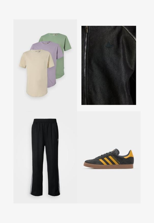 Black zip-up jacket made of textured fabric. Features a subtle, dark logo and contrast stitching along the seams.; Three short-sleeve T-shirts in cream, lavender, and green. Made from soft cotton, featuring round necklines and a relaxed fit.; Black athletic pants with an elastic waistband, featuring white side stripes and a small logo. Material appears soft and lightweight.; Black suede sneaker with yellow accents, featuring three stripes and a brown rubber sole. Includes a padded tongue for comfort.