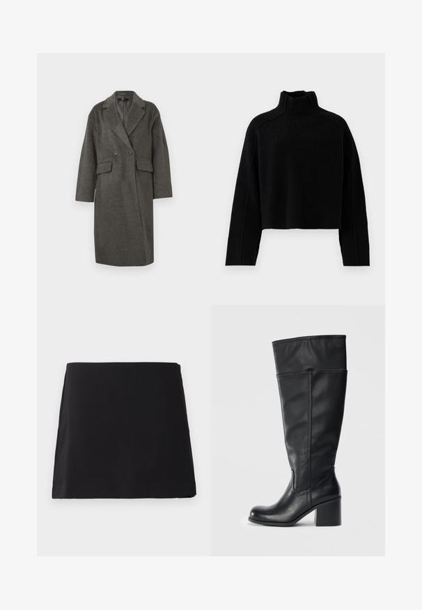 Tummanharmaa kaksirivinen villakangasviitta, jossa on suuret napit, sivutaskut ja hapsureunat. Rennon leikkauksen omaavat pitkät hihat.; Mustakoristeinen ribbiknitti neule, jossa on korkea kaulus ja lyhyt malli, pitkät hihat ja teksturoitu pinta.; Mustat, suoran leikkauksen mini-hame, jolla on sileä pinta, esiteltynä litteänä valkoista taustaa vasten.; Musta nahkasaappaat polven korkeudelle, joissa on loiva korko, sileä pinta ja saumoja sivuilla. Yksinkertainen ja moderni muotoilu.