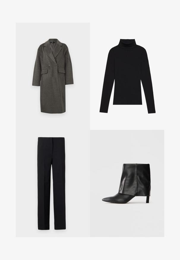 Casaco de lã de dupla face em cinza escuro, com grandes botões, bolsos laterais e lapelas recortadas. Corte solto com mangas longas.; Top de gola alta de manga longa, preto, feito de tecido canelado, apresenta um design justo com um decote elevado e sem padrões ou detalhes.; Calças pretas ajustadas com um corte reto, apresentando uma textura suave e sem padrões visíveis. Cintura standard e um acabamento limpo.; Bota de couro preta até o meio da panturrilha com bico fino, parte superior dobrada e salto baixo e esguio, em fundo branco.