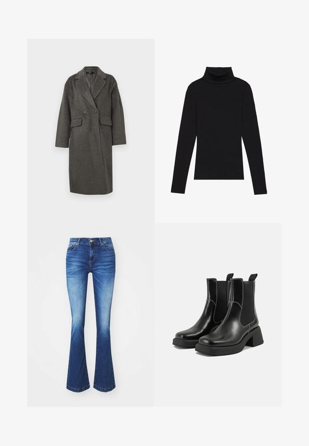 Tumehall villane topeltkootud mantel, millel on suured nupud, küljetaskud ja lõhelised kraed. Lahtine lõige ja pikad varrukad.; Mustavööne, pika varrukaga kõrge kaelusega T-särk, mis on valmistatud ribakanga materjalist, omab sobivat disaini ja ei sisalda mustreid ega aksessuaare.; Laienevad sinised teksad heledast tumedaks gradientiga. Omavad esi-taskuid, lukuga kinnitus mehhanismi ja metallist nööbiga sulgemist.; Must musta Chelsea saapad, millel on paks konts, elastsed külgpaneelid ja kontrastne valge õmblus. Tekstuuriga viimistlus.