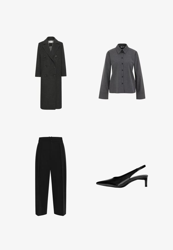 Sötét szürke gyapjú keverékből készült, dupla gombos hosszú kabát, éles gallérral, hat gombbal és két elülső zsebbel. Sima textúra.; WE Fashion Gombos blúz - grey; Fekete nadrág magas derékkal, plissézett elejével és egyenes lábujjakkal. Simább anyagból készült, tiszta kivitelben, látható hardver nélkül.; Fekete bőr pánt nélküli cipő hegyes orral, alacsony talppal és oldalsó kivágásokkal. Sima textúrájú, elegáns megjelenésű.