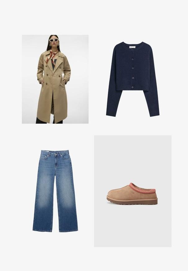 Beige dubbelzijdige trenchcoat met grote knopen, zijzakken en een achterventilatie. Beschikt over een brede kraag en een gladde stofstructuur.; Marineblauwe cropped cardigan gemaakt van zacht materiaal, met lange mouwen, ronde halslijn en zes knopen aan de voorkant.; Witte lange mouwen top van gladde stof. Heeft een ronde halslijn, verlaagde schouders en een ontspannen pasvorm met een licht gebogen zoom.; Wijdvallende, lichtblauwe denim jeans met een verouderde uitstraling, vijf zakken en een knoopsluiting bij de taille. Katoenen materiaal, rechte pasvorm.; UGG TASMAN II - Muiltjes - rocky oak