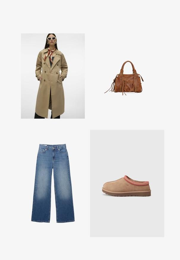 Trench coat doppiopetto beige con grandi bottoni, tasche laterali e un'apertura sul retro. Presenta un ampio colletto e una texture di tessuto liscia.; Cardigan corto blu navy realizzato in materiale morbido, con maniche lunghe, scollatura rotonda e chiusura con sei bottoni sul davanti.; Top bianco a maniche lunghe realizzato in tessuto morbido. Caratterizzato da un collo rotondo, spalle cadenti e una vestibilità rilassata con orlo leggermente curvato.; Jeans in denim chiaro a gamba larga, dall'aspetto sbiadito, con cinque tasche e chiusura a bottone in vita. Materiale in cotone, taglio dritto.; UGG TASMAN II - Ciabattine - rocky oak; Borsa a tracolla in pelle marrone con due manici superiori, tasche con zip e frange decorative. Presenta borchie metalliche e una superficie texture.