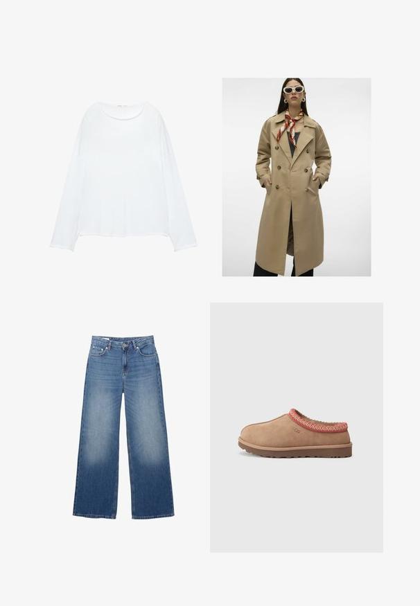 Beige dubbelzijdige trenchcoat met grote knopen, zijzakken en een achterventilatie. Beschikt over een brede kraag en een gladde stofstructuur.; Marineblauwe cropped cardigan gemaakt van zacht materiaal, met lange mouwen, ronde halslijn en zes knopen aan de voorkant.; Witte lange mouwen top van gladde stof. Heeft een ronde halslijn, verlaagde schouders en een ontspannen pasvorm met een licht gebogen zoom.; Wijdvallende, lichtblauwe denim jeans met een verouderde uitstraling, vijf zakken en een knoopsluiting bij de taille. Katoenen materiaal, rechte pasvorm.; UGG TASMAN II - Muiltjes - rocky oak