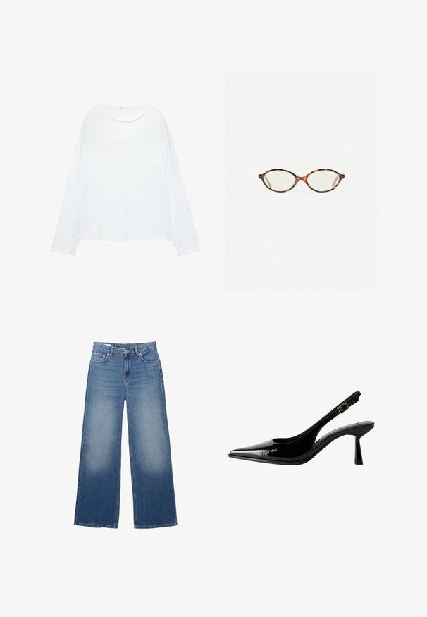 Beige Doppelreiher-Trenchcoat mit großen Knöpfen, Seitentaschen und einem Schlitz hinten. Verfügt über einen breiten Kragen und eine glatte Stofftextur.; Marinefarbener, kürzer geschnittener Cardigan aus weichem Material mit langen Ärmeln, rundem Halsausschnitt und sechs Knöpfen, die vorne geschlossen werden.; Weißes Langarmoberteil aus glattem Stoff. Mit rundem Ausschnitt, überschnittenen Schultern und lockerem Schnitt mit leicht geschwungener Saumlinie.; Weite, hellblaue Denim-Jeans mit verwaschenem Aussehen, fünf Taschen und einem Knopfverschluss an der Taille. Baumwollmaterial, gerade geschnitten.; Schwarze Lackleder Slingback-Pumps mit spitzem Zeh, ausgeschnittenen Seiten, verstellbarem Knöchelriemen und einem dünnen, eleganten Absatz.; Schildpatt-Eyegläser mit ovalen Gläsern und einer eleganten, glatten Oberfläche. Mit dünnen Seiten und einer subtilen Kurve an den Schläfen. Klare Gläser.
