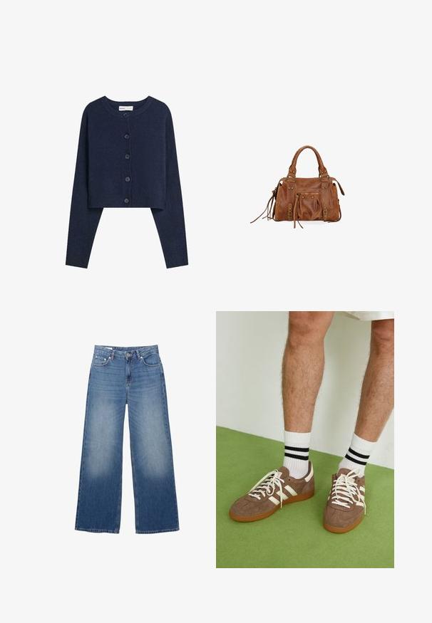 Beige double-breasted trench coat with large buttons, side pockets, and a back vent. Features a wide collar and smooth fabric texture.; Navy cropped cardigan made of soft material with long sleeves, round neckline, and six button closure along the front.; White long-sleeve top made of smooth fabric. Features a round neckline, dropped shoulders, and a relaxed fit with slightly curved hem.; Wide-leg, light blue denim jeans with a faded appearance, five pockets, and a button closure at the waist. Cotton material, straight cut.; Brown suede sneakers with white accents and laces. Rubber gum sole. Worn with white socks featuring black stripes. Green textured flooring.; Brown leather handbag with two top handles, zippered pockets, and decorative fringes. Features metal studs and textured surface.