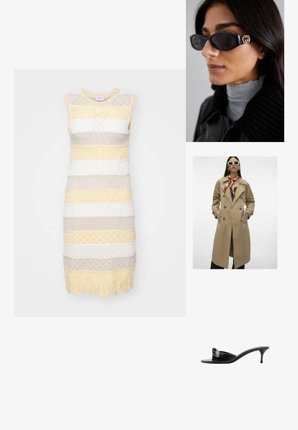 Beige dubbelknäppt trenchcoat med stora knappar, sidofickor och vent i ryggen. Har en bred krage och slät tygkvalitet.; Stickad ärmlös klänning med horisontella ränder i blekgul, beige, vit och ljusgrå; strukturerat mönster med scalloped fåll.; Svarta läder slip-on mule-skor med en rosettdekoration, öppen tå och en smal hög klack. Slät textur och minimalistisk design.; Svarta solglasögon med en elegant rektangulär ram och en guldfärgad logotypaccent på sidan. Mörka linser och en blank yta är framträdande.