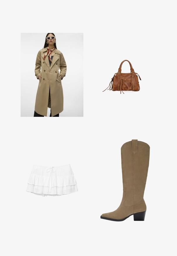 Manteau trench beige à double boutonnage avec de grands boutons, poches latérales et une fente au dos. Il présente un large col et une texture de tissu lisse.; Pull en tricot blanc avec un col en V et des manches longues. Présente un motif en losange texturé et un petit logo sur la poitrine gauche.; Jupe blanche à volants en trois niveaux, taille élastique et cordon de serrage. Fabriquée en tissu léger et texturé.; Bottes en suède beige jusqu'aux genoux avec un bout pointu, un talon empilé et des détails de couture le long des côtés. Texture lisse et design structuré.; Sac à main en cuir marron avec deux poignées supérieures, poches zippées et franges décoratives. Présente des clous en métal et une surface texturée.