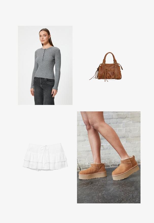 Beige Doppelreiher-Trenchcoat mit großen Knöpfen, Seitentaschen und einem Schlitz hinten. Verfügt über einen breiten Kragen und eine glatte Stofftextur.; Grauer, gerippter Strickpullover mit Rundhalsausschnitt und Knopfdetails, langärmlig und mit taillierter Passform. Kombiniert mit dunklen Jeans.; Weißen, geschichteten Rock mit drei Rüschenschichten, elastischem Bund und Kordelzugdetails. Hergestellt aus leichtem, strukturiertem Stoff.; Braune Wildleder-Stiefeletten mit einem weichen Futter, dicker beige Plateau-Sohle und einer Zuglasche auf der Rückseite. Strukturiert Oberfläche mit sichtbaren Nähdetails.; Braune Lederhandtasche mit zwei Obergriffen, Reißverschlusstaschen und dekorativen Fransen. Verfügt über Metallnieten und eine strukturierte Oberfläche.