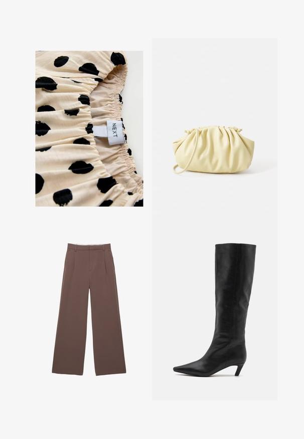 Bežani dvoredni trench kaput s velikim gumbima, bočnim džepovima i stražnjim prorezom. Ima široki ovratnik i glatku teksturu tkanine.; Kremasti materijal s crnim točkicama, s naboranom teksturom. Na etiketi piše "NEXT." Fokus na uzorku i detaljima elastičnog nabora.; Hlače širokih nogavica od čvrstog smešnog materijala, s glatkom teksturom, prednjim nabora i krojenim pojasom. Bez vidljivih logotipa ili uzoraka.; RAID FLAURA - Čizme - black; Žuta plisirana torbica napravljena od glatke umjetne kože, s mekim oblikom, jednom naramenicom i nabranim dizajnom na vrhu.; Prikazana su dva zlatna prstena, jedan debeo i zaobljen, a drugi tanak i ravan. Oba imaju glatku, sjajnu površinu s poliranim završetkom.