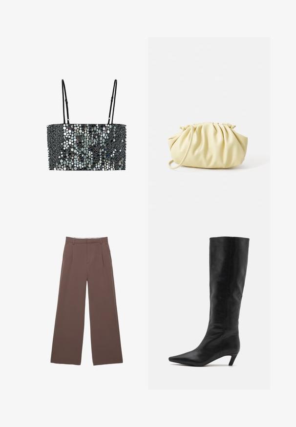 Beige dobbelknappet trenchcoat med store knapper, sidelommer og en rygslids. Har en bred krave og en glat stofstruktur.; Mango Bluse - grey; Breddebukser i en ensfarvet brun stof, med en glat tekstur, frontfald og en skræddersyet talje. Ingen synlige logoer eller mønstre.; RAID FLAURA - Høje støvler/ Støvler - black; Gul plisseret håndtaske lavet af glat kunstlæder, med en blød form, en enkelt skulderrem og samlet topdesign.; To guld ringe vises, en tyk og rund, den anden tynd og flad. Begge har en glat, skinnende overflade med en poleret finish.