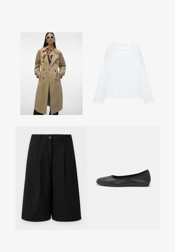 Beige dubbelknäppt trenchcoat med stora knappar, sidofickor och vent i ryggen. Har en bred krage och slät tygkvalitet.; Vit långärmad topp i ett mjukt tyg. Har rund halsringning, sänkt axel och en avslappnad passform med något rundad nederkant.; Armani Exchange BERMUDA - Shorts - black denim; Svart läderballerinaskor med rund tå, slät yta, minimala söm detaljer och en flexibel sula.