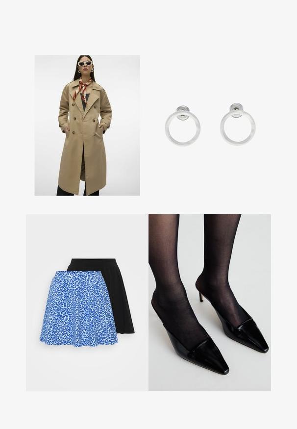 Bežna dvostruko zapnemo trenč plašč z velikimi gumbi, stranskimi žepi in zadnjim razporkom. Ima širok ovratnik in gladko teksturo tkanine.; Even&Odd Petite 2 PACK - Top - light grey/black; Dva krila: eno modro z leopardskim vzorcem in eno enobarvno črno, obe z razširjenim dizajnom in mehko tkanino.; Črne patentne mule s koničastim nosom in nizko obrobo. Imajo tanek peti in so kombinirane s črnimi prozornimi nogavicami.; Srebrni kovinski obročasti uhani z brušenjem, s krožno obliko in prozornim zatičem za varno nošenje.