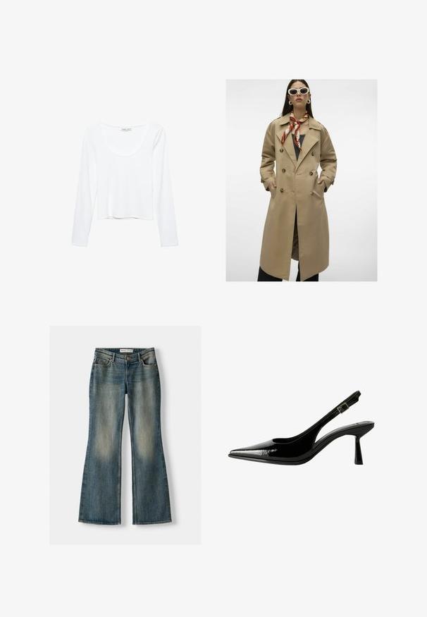 Beige Doppelreiher-Trenchcoat mit großen Knöpfen, Seitentaschen und einem Schlitz hinten. Verfügt über einen breiten Kragen und eine glatte Stofftextur.; Weißes Langarmoberteil aus weichem Stoff, mit rundem Halsausschnitt und einem cropped Design mit nahtlosen Kanten.; Blaue Schlagjeans mit einem ausgewaschenen Look, fünf Taschen und einem Knopfverschluss. Das Material zeigt eine Denim-Textur mit dezenten Stickdetails.; Schwarze Lackleder Slingback-Pumps mit spitzem Zeh, ausgeschnittenen Seiten, verstellbarem Knöchelriemen und einem dünnen, eleganten Absatz.