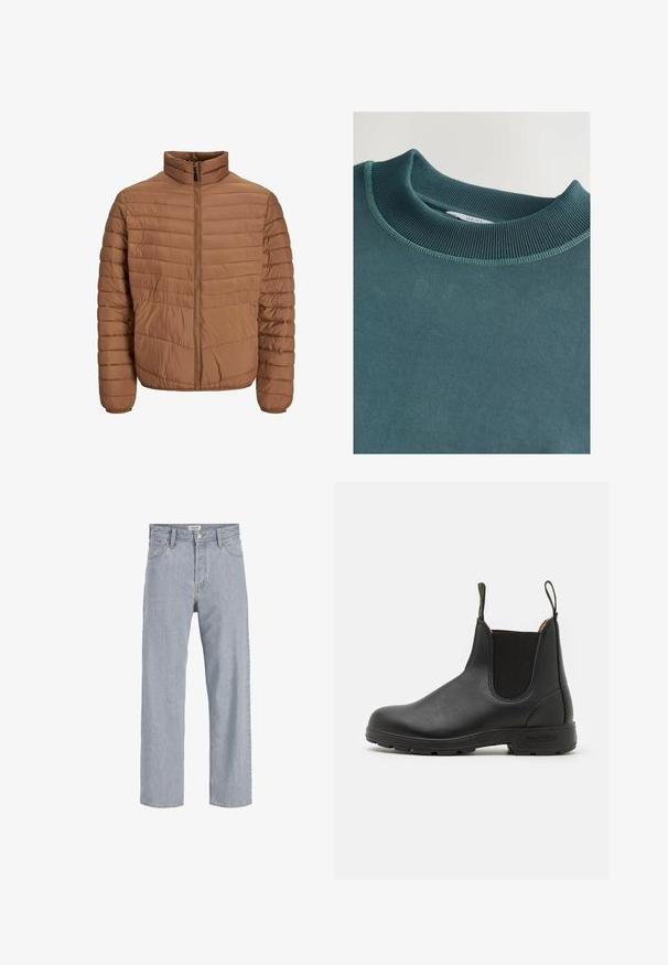 Rjava napihnjena jakna z visokim ovratnikom, vertikalnim šivi, popolnim sprednjim zadrgo in elastičnimi manšetami. Gladka, lahka tekstura tkanine.; Turkizna majica s dugim rukavima s rebrastim izrezom i teksturiranom tkaninom. Ima ravne šavne i oznaku unutar ovratnika.; Svetlo modri kavbojki s sproščenim krojem, naravnost oblikovani nogi, vidnimi šivi, dvema sprednjima žepoma in gumbnim zapiranjem.; Črne usnjene Chelsea škornje z elastikami na straneh, zanka za obuvanje, trdna gumijasta podplat in šivani detajli. Gladka tekstura po celotni površini.