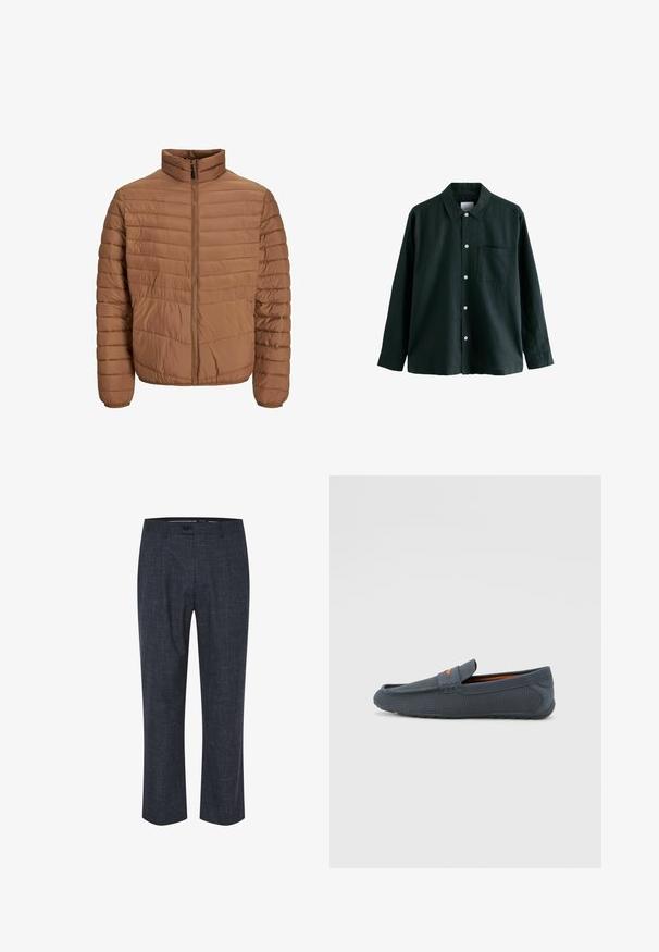 Ruda pūkinė striukė su aukštu kaklu, vertikaliomis siūlėmis, pilnu priekyje užtrauktuku ir elastingomis rankogaliais. Lygus, lengvas audinio tekstūra.; Tamsiai žalia marškinėliai su apykakle, ilgomis rankovėmis ir viena krūtinės kišene; turi baltus mygtukus ir švelnų tekstūrą.; Tamsiai mėlyni kelnės, pagamintos iš tekstūruoto audinio, su plokščiu priekiniu kraštu, mygtuko užsegimu ir tiesiomis kojomis su subtiliais, šviesiais raštais.; Pilki perforuoti loafers'ai su lengvu užmaunamu dizainu, turintys oranžinį akcentą, apvalią noselę ir tekstūruotą gumos padu.