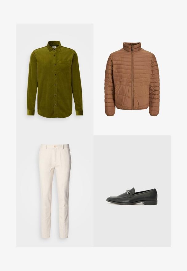 Chaqueta de plumas marrón con cuello alto, costuras verticales, cremallera frontal completa y puños elásticos. Textura de tela suave y ligera.; Camisa de pana verde con mangas largas, cuello abotonado y un único bolsillo en el pecho. Presenta una textura acanalada vertical y botones negros.; Pantalones ajustados de color beige claro, confeccionados en una tela suave. Cuentan con cierre de botón, pasadores para cinturón y un diseño de pierna recta y estrecha con textura mínima.; Mocasín de cuero negro con un acabado suave, que cuenta con un diseño de costura y un acento decorativo de cadena de metal en el empeine. Tacón plano.