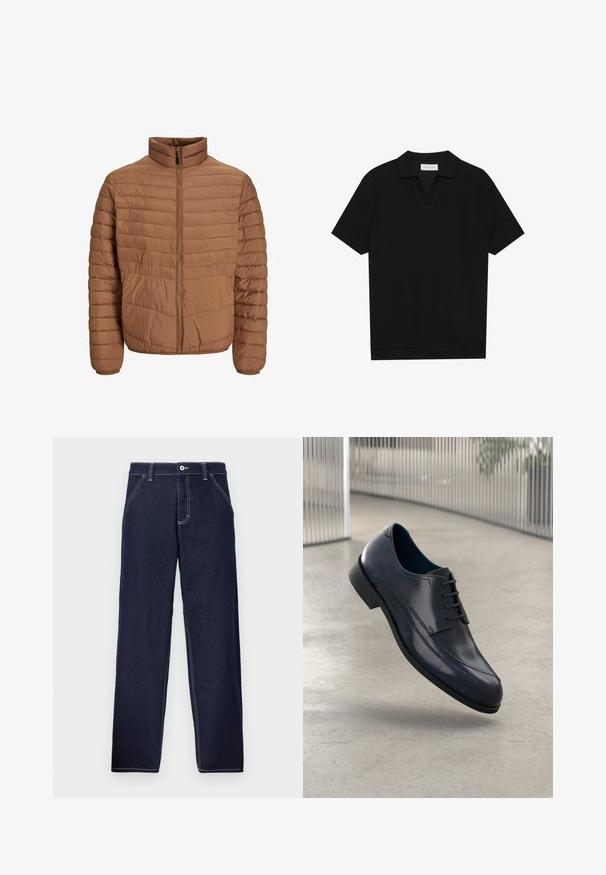 Brūns pūkains jaka ar augstu apkakli, vertikālām šuvēm, pilnu priekšējo rāvējslēdzēju un elastīgām aprocēm. Gluda, viegla auduma tekstūra.; Melns īsām piedurknēm polo krekls ar teksturētu, ribotu audumu, ar V veida kakla izgriezumu un taisnu apakšmalu. Bez redzamām emblēmām vai rakstiem.; Tumši zili džinsu bikses ar taisnas kājas dizainu, kas piedāvā kontrastējošu šuvumu, pogu priekšējo aizdari un tradicionālo piecu kabatu stilu.; Spīdīga melna ādas svinīgā kurpe ar auklēm, kas karājas virs gludas, gaiši pelēkas grīdas un vertikālām metaliskām stangām fona.