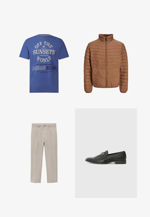 Brązowa kurtka puchowa z wysokim kołnierzem, pionowym przeszyciem, pełnym zamkiem błyskawicznym z przodu i elastycznymi mankietami. Gładka, lekka tekstura materiału.; Niebieska koszulka z krótkim rękawem, materiał bawełniany, z nadrukowanym tekstem w kolorze kremowym i czarnym, w tym "OFF THE SUNSETS" i "OCEAN BLVD."; Jasno beżowe spodnie wykonane z mieszanki bawełny, posiadające prosty krój nogawki, przednie fałdy, zapięcie na guzik oraz boczne kieszenie.; Czarne skórzane mokasyny o gładkim wykończeniu, z haftowanym wzorem i dekoracyjnym akcentem z metalowego łańcucha na wierzchu. Płaska pięta.