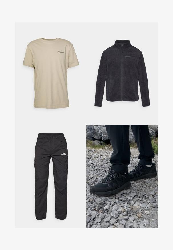 Schwarze Fleecejacke mit hohem Kragen, durchgehendem Reißverschluss, zwei Seitentaschen und einem Logopatch im linken Brustbereich. Weicher Stoff.; Beige Baumwoll-T-Shirt mit kurzen Ärmeln, Rundhalsausschnitt und einem kleinen schwarzen Logo auf der linken Brustseite. Glatte Textur, lässiges Design.; Schwarze Cargohosen aus leichtem Stoff. Mit seitlichen Reißverschlusstaschen und einem Logo am linken Oberschenkel. Gerade Beinform.; Schwarze Outdoor-Schuhe aus Mesh und synthetischem Material, mit einer strukturierten Oberseite, gesichertem Schnürsystem und griffiger Laufsohle, auf felsigem Gelände.